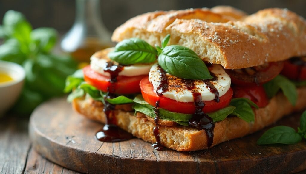 A classic Caprese sandwich drizzled with balsamic vinegar, served on crusty bread, garnished with fresh basil.