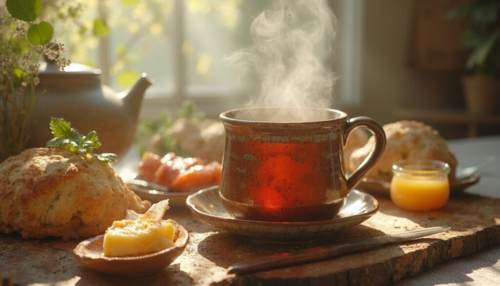 Warm Irish breakfast tea in a ceramic mug with scones and butter on a cozy table setting.