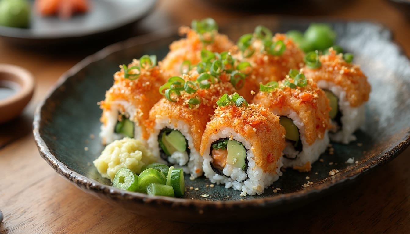 Close-up of a plate of spider roll sushi garnished with fresh scallions and crispy toppings.