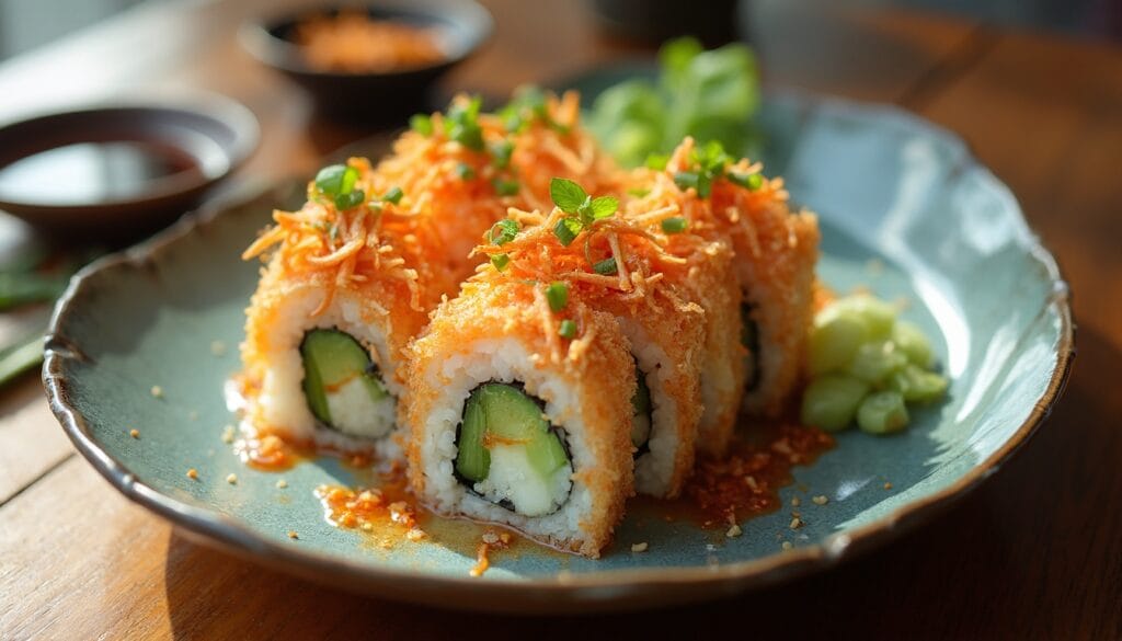 Spider roll sushi served on a ceramic plate with cucumber and nori wrapping.