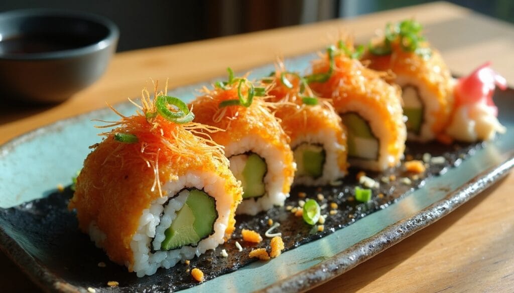 Elegant presentation of spider roll sushi with a topping of crispy garnish and green onion slices.