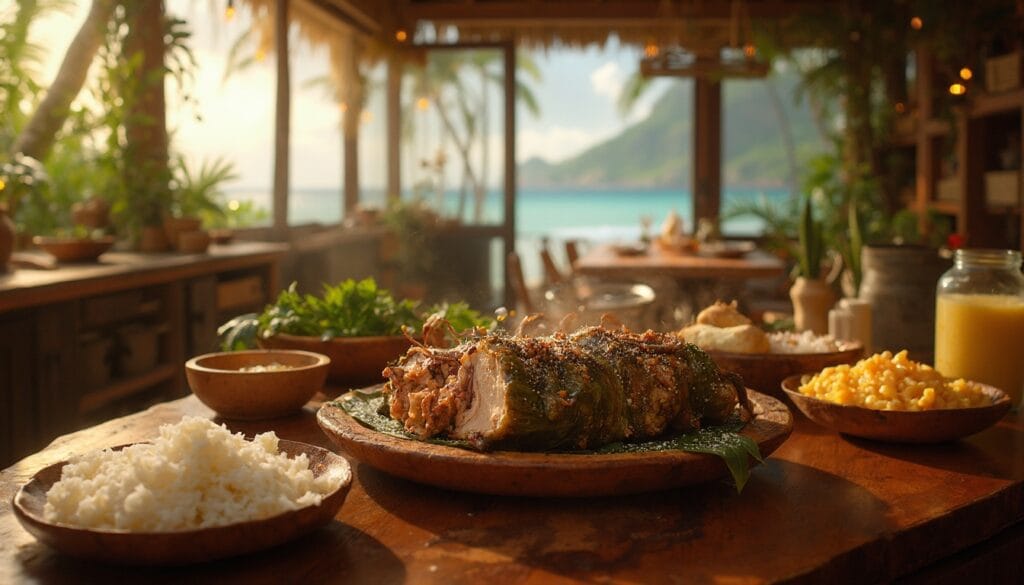 A serving of Kalua pork wrapped in leaves, surrounded by side dishes, placed in a tropical kitchen with an ocean view.