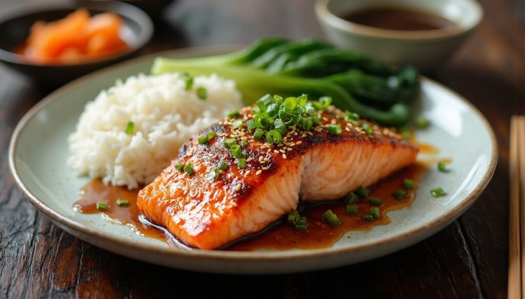 Plate of miso-glazed salmon served with rice and steamed bok choy.