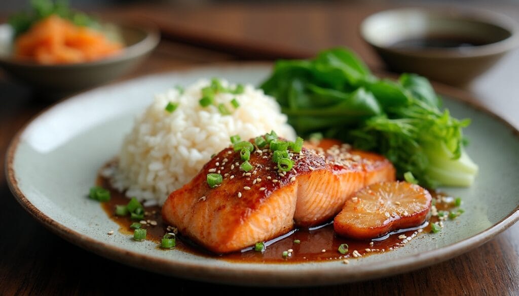 Close-up of miso salmon with a side of steamed bok choy and rice on a rustic plate