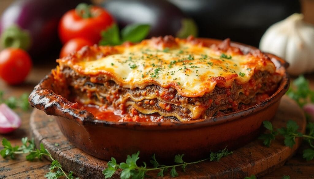 A close-up of a freshly baked Moussaka layered with eggplant, ground meat, and golden melted cheese in a rustic dish.