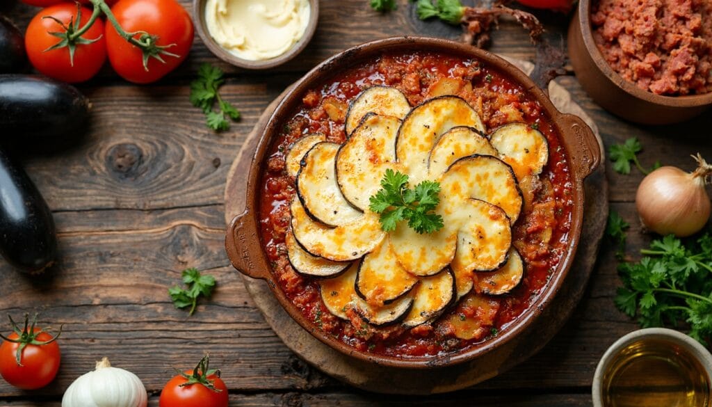 A top-down view of Moussaka topped with baked eggplant slices arranged in a floral pattern, garnished with parsley.