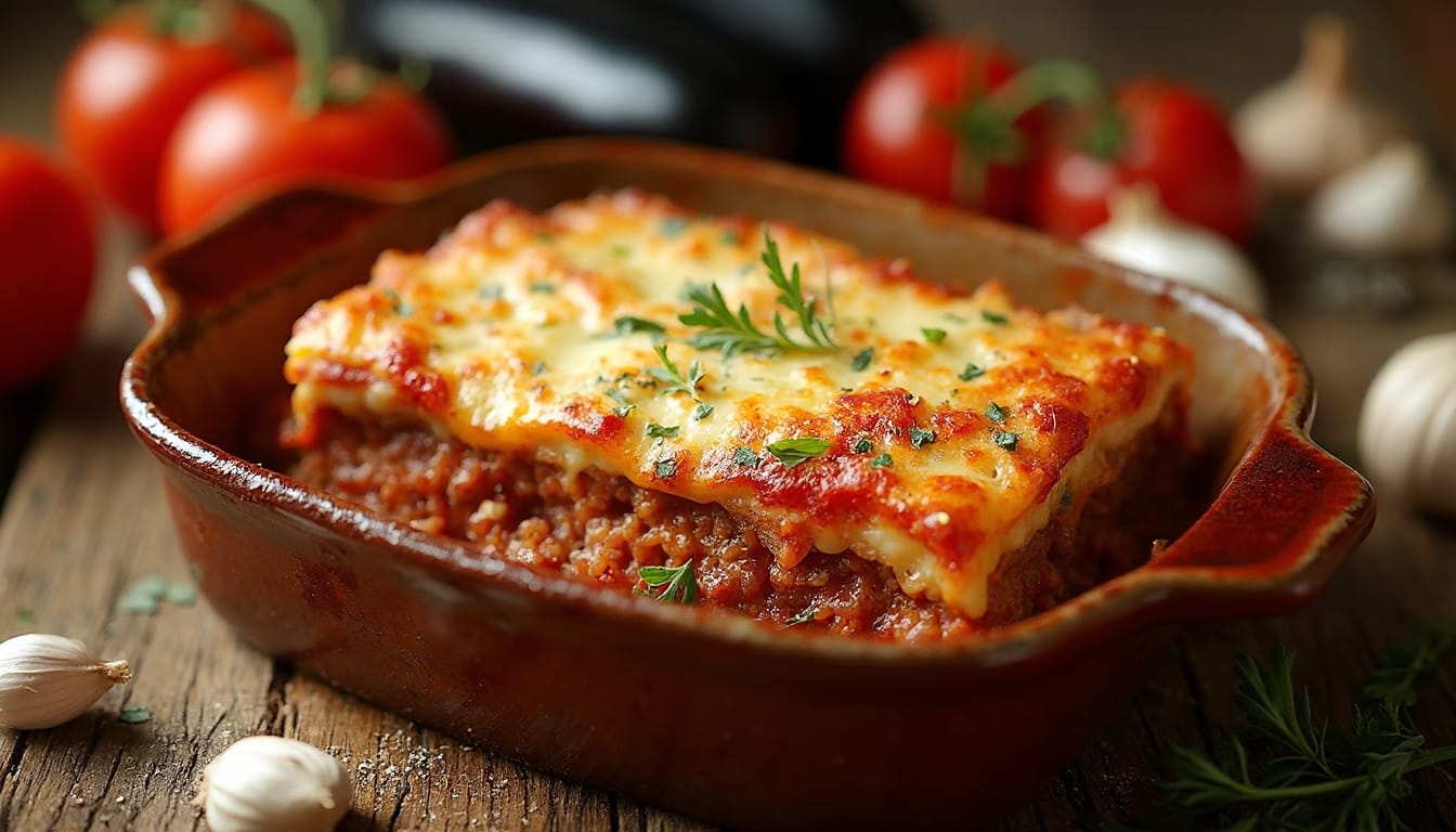 A side view of Moussaka in a rectangular baking dish, showing layers of eggplant, meat, and cheese with fresh herbs.