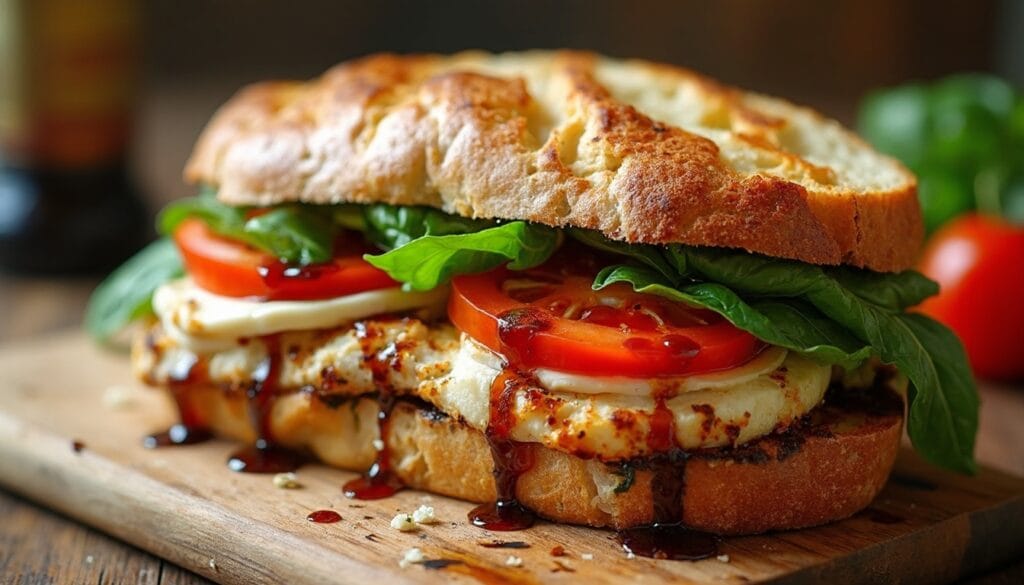 Delicious chicken Caprese sandwich topped with balsamic drizzle and served on artisan bread