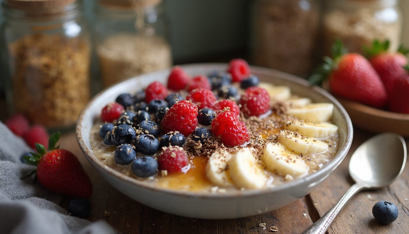 A bowl of overnight oats garnished with banana slices, blueberries, raspberries, and a sprinkle of chocolate shavings, with fresh strawberries and oats in the background.