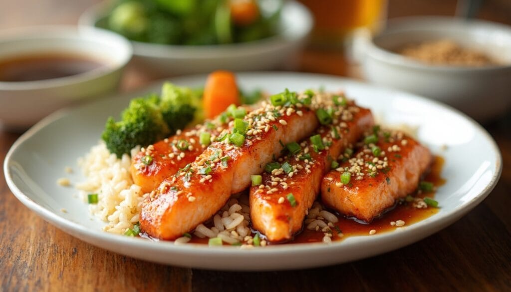 Plate of salmon bites with honey sesame soy sauce, steamed rice, and vegetables.