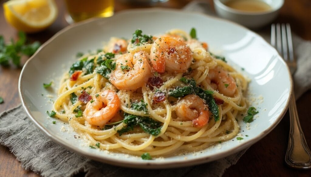 A plate of linguine pasta topped with shrimp, fresh parsley, and grated cheese, served with lemon wedges in the background.
