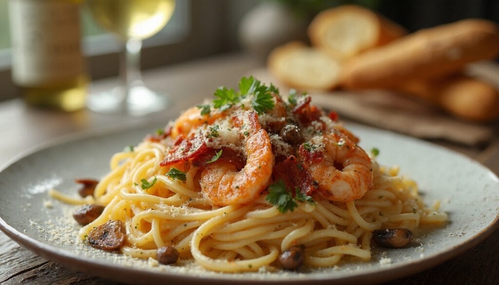 A close-up view of a creamy shrimp pasta dish garnished with spinach, parsley, and Parmesan cheese.
