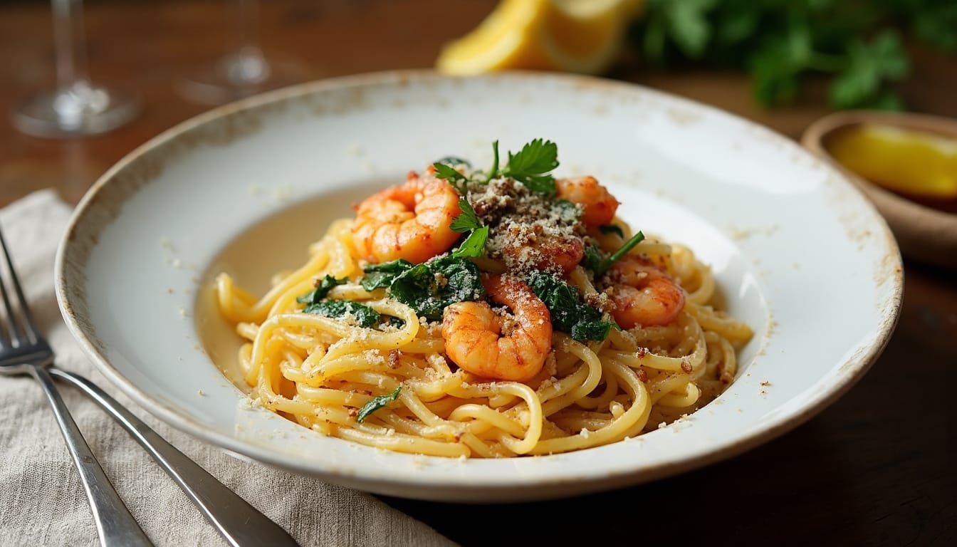 A gourmet plate of shrimp pasta topped with crispy bacon, mushrooms, and grated Parmesan cheese, served with a glass of white wine.