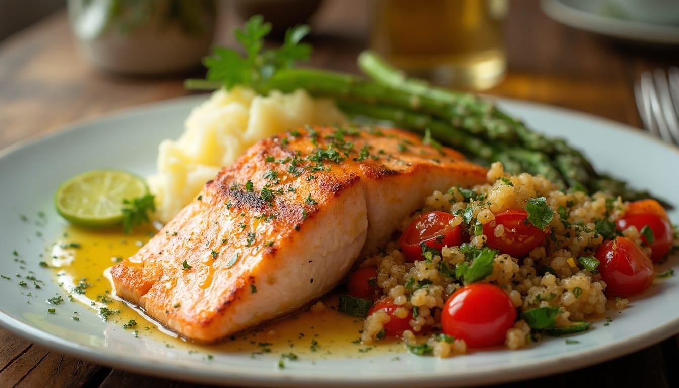 A seared salmon fillet with a drizzle of lemon butter sauce, served with mashed potatoes, roasted asparagus, and a quinoa salad topped with cherry tomatoes.