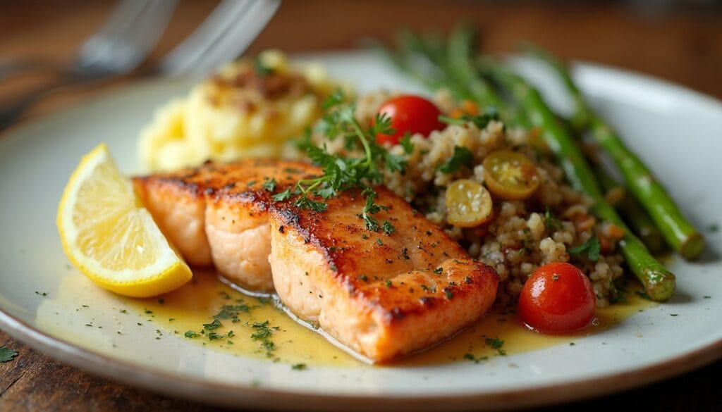 Perfectly cooked salmon on a plate with creamy mashed potatoes, grilled asparagus, and a side of cherry tomato quinoa salad, garnished with fresh parsley and lemon.