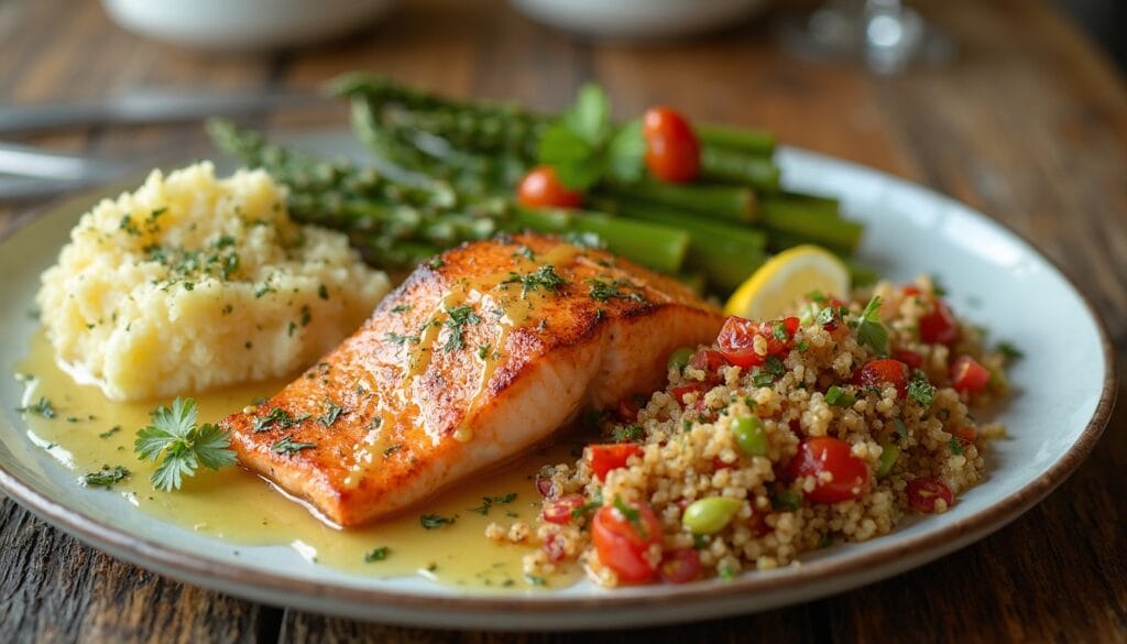 A hearty salmon dinner featuring golden fillet, buttery mashed potatoes, roasted asparagus, and a colorful quinoa salad with herbs and tomatoes.