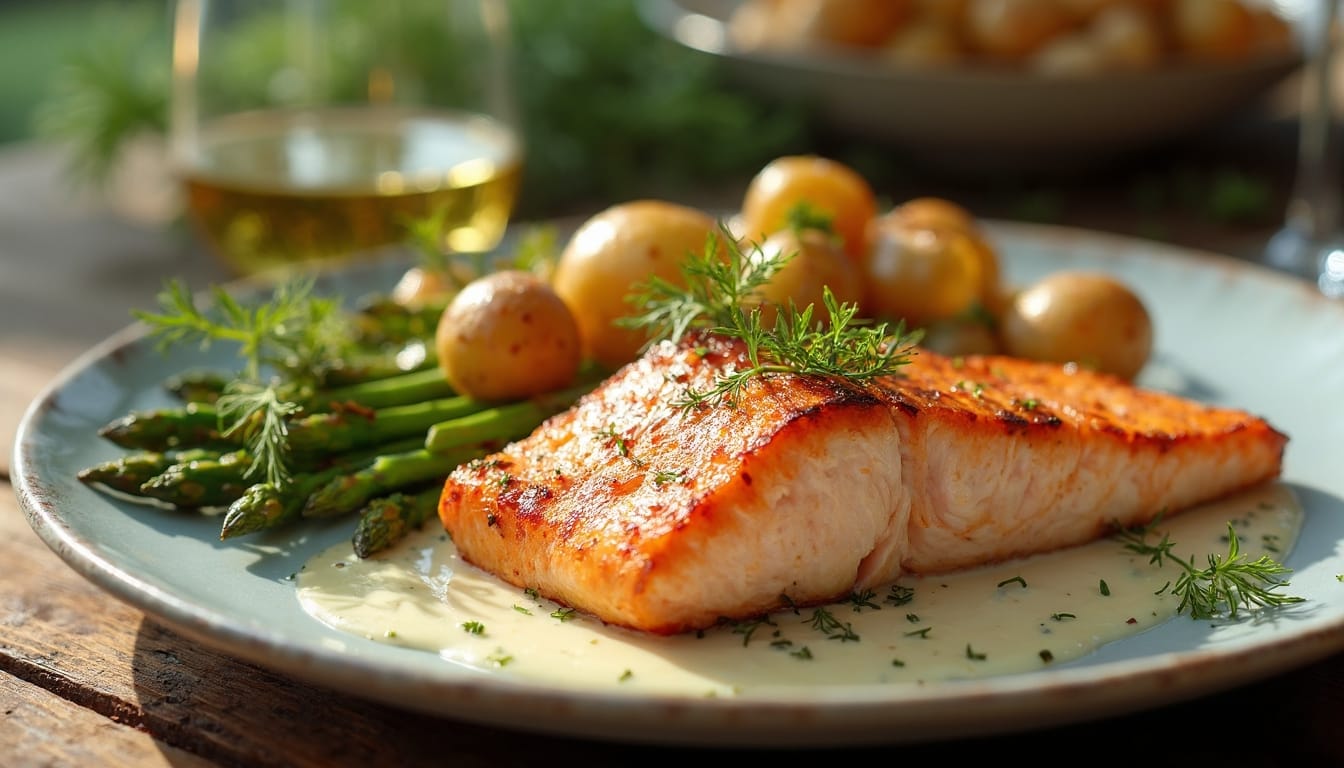 Grilled salmon served with asparagus, roasted baby potatoes, and a creamy dill sauce on a rustic wooden table.