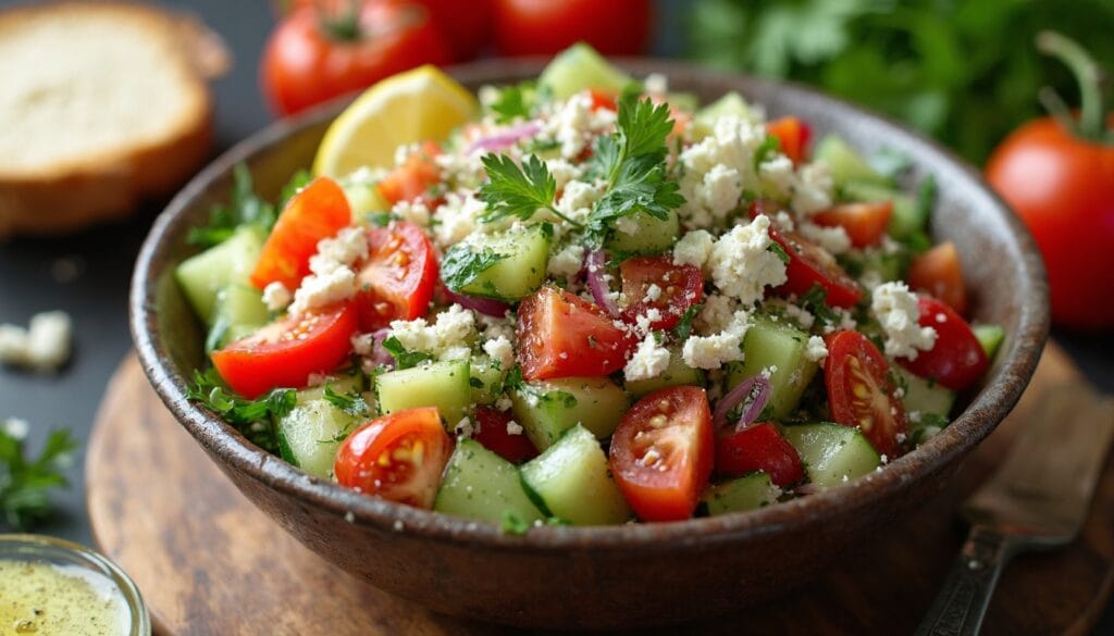 Close-up of a colorful Shepherd Salad garnished with parsley, lemon, and a drizzle of olive oil.