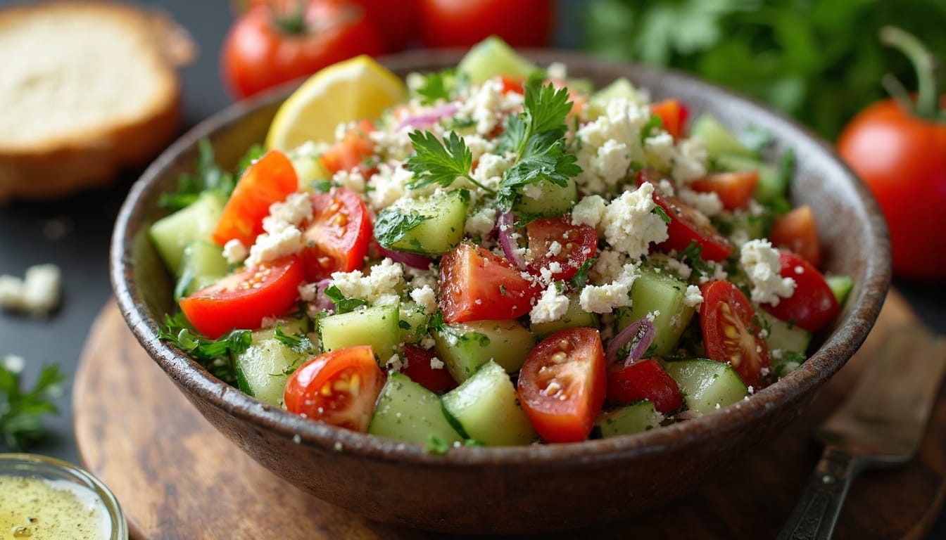 Close-up of a colorful Shepherd Salad garnished with parsley, lemon, and a drizzle of olive oil.