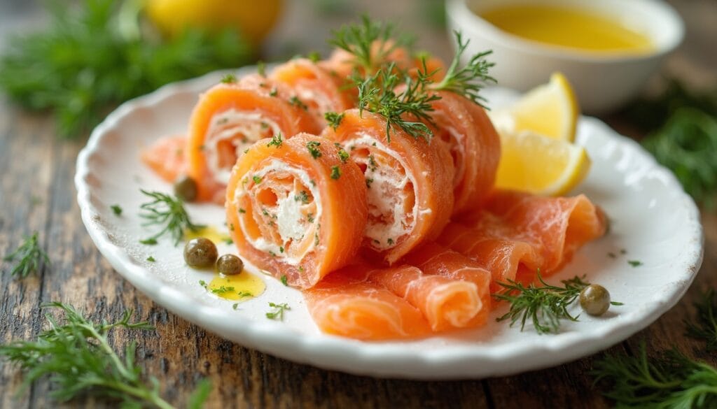 Close-up of smoked salmon rolls with fresh herbs and a lemon wedge.