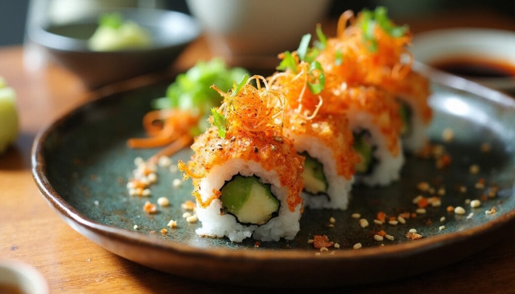 A serving of Spider Roll sushi topped with orange tempura flakes and sesame seeds, displayed on a rustic plate.