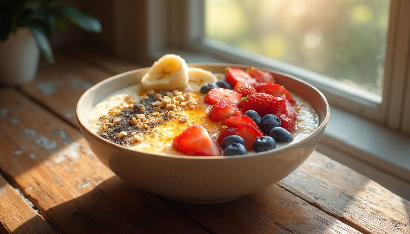 A wholesome bowl of oats with fresh fruit toppings, including strawberries and bananas, presented in warm natural lighting on a rustic wooden table.