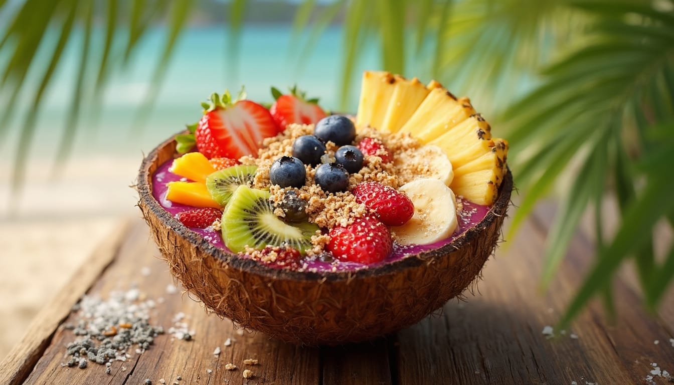 Tropical acai bowl with fresh fruits in a coconut shell, placed on a wooden table by the beach.
