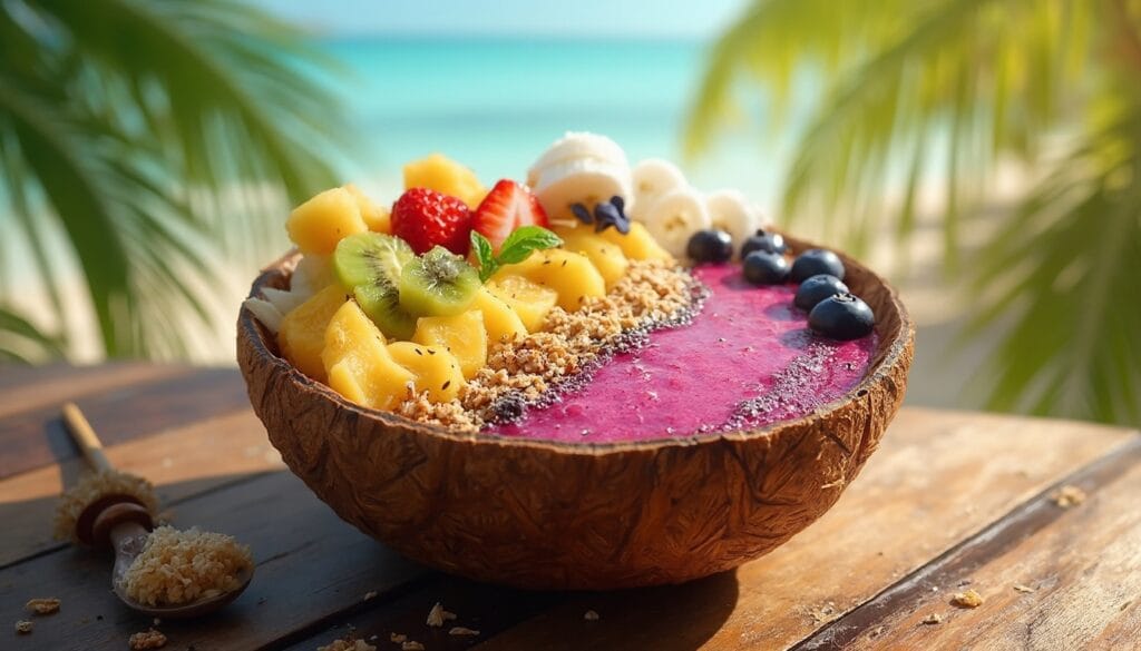 Vibrant smoothie bowl with tropical fruits in a coconut shell, featuring a sunny beach in the background.