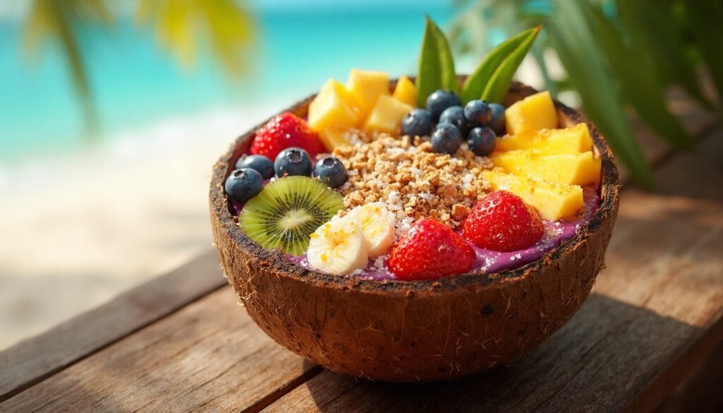 Exotic fruit bowl with acai, kiwi, mango, and berries, served in a coconut shell near a tropical setting.