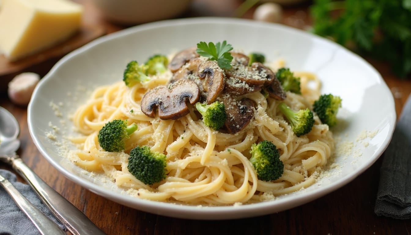 A white bowl of Alfredo pasta with broccoli florets and mushrooms, dusted with parmesan cheese.