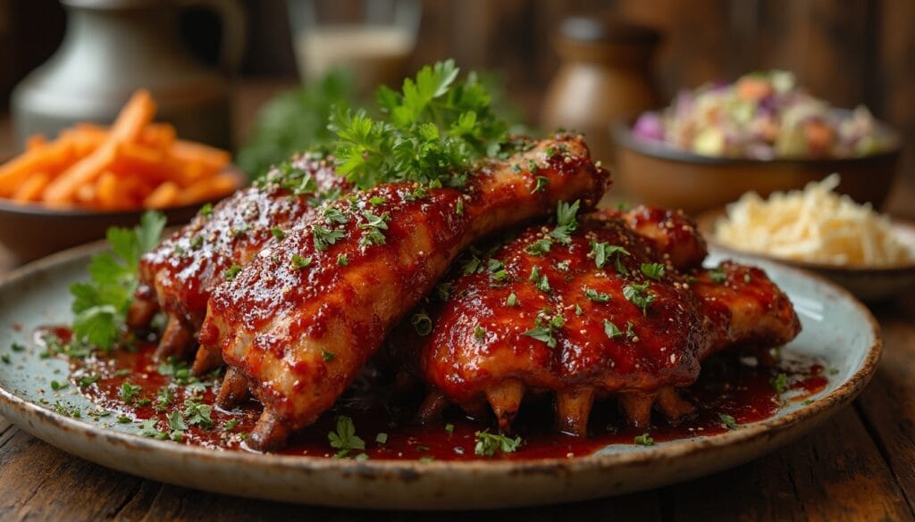 Succulent chicken ribs drenched in barbecue sauce, garnished with fresh herbs, served with side dishes.