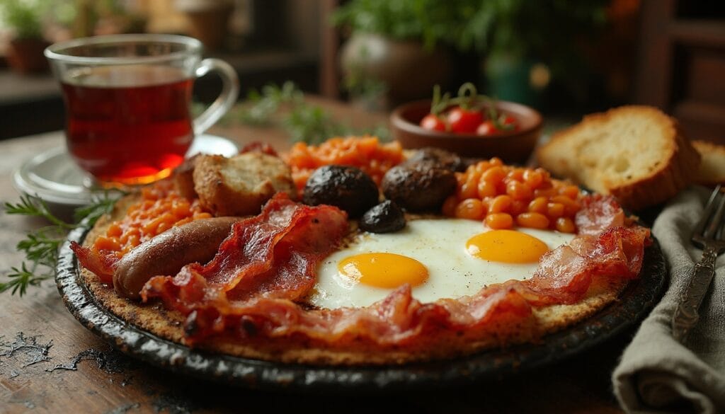 A rustic breakfast spread with fried eggs, sausages, bacon, black pudding, baked beans, and fresh bread, accompanied by a cup of tea.