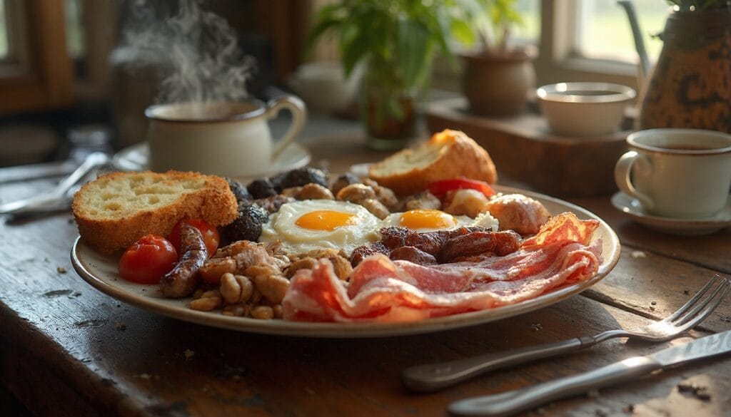 A rustic Irish breakfast spread with fried eggs, bacon, black pudding, sausages, cherry tomatoes, and soda bread, complemented by steaming cups of tea.