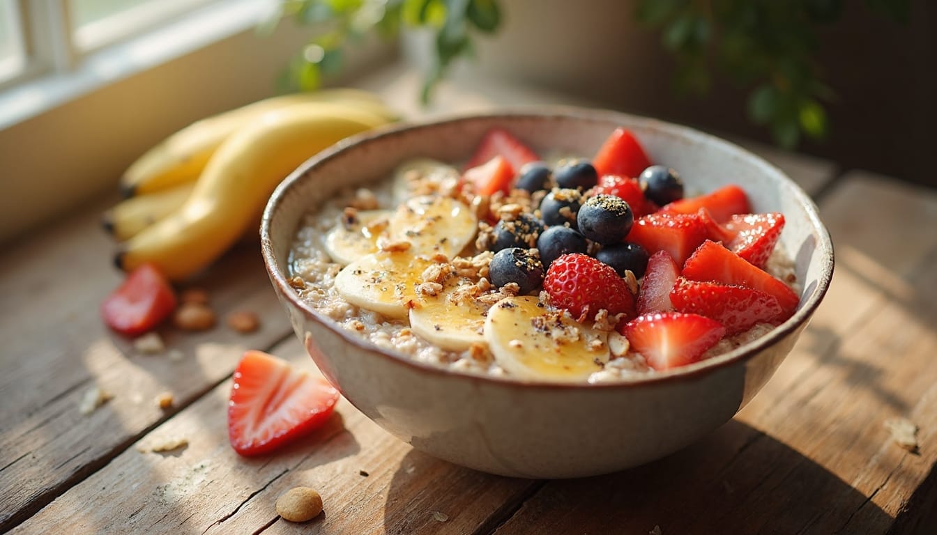 Healthy breakfast oats garnished with colorful berries, banana slices, and a sprinkle of chia seeds served in a rustic setting.