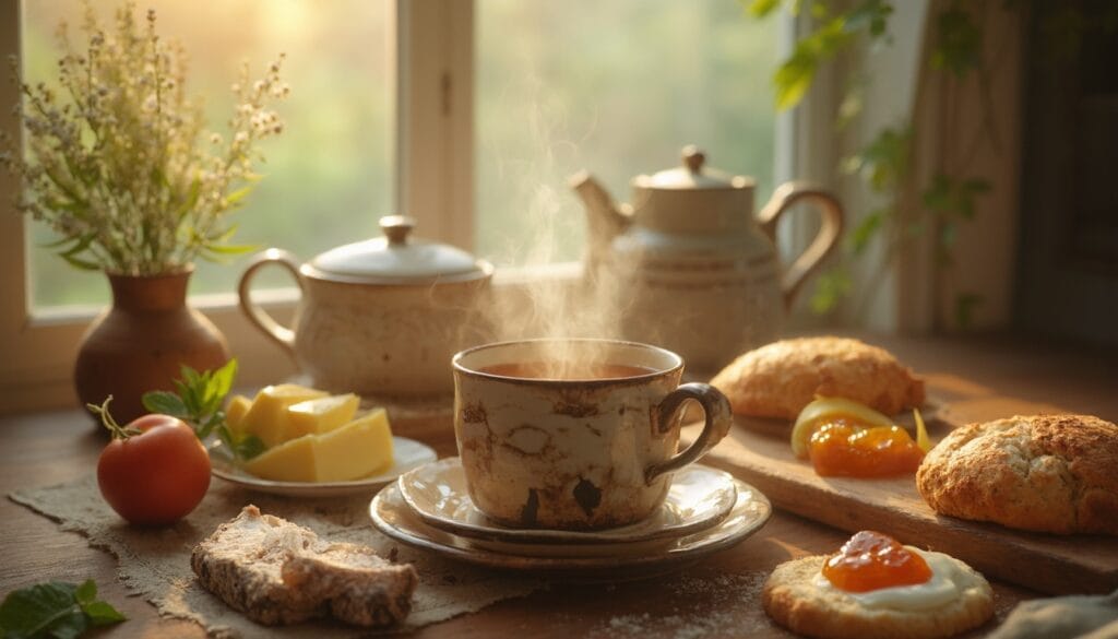 A warm ceramic mug of Irish Breakfast Tea on a wooden table, served with cheese, scones, and a tomato, capturing a cozy morning atmosphere.