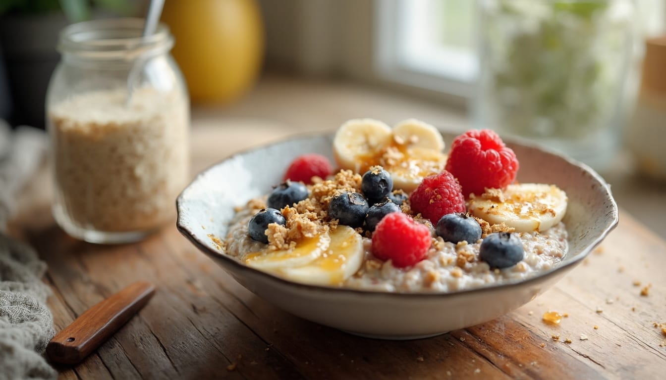 A rustic presentation of oatmeal topped with fresh fruits, granola, and honey, served on a wooden table with natural lighting.