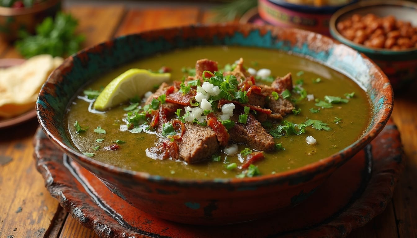 A close-up of Carne en su Jugo with tender beef, rich broth, and garnishes of lime and fresh greens.