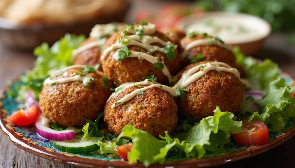 Crispy falafel balls on a bed of fresh salad with creamy sauce and pita bread in the background.