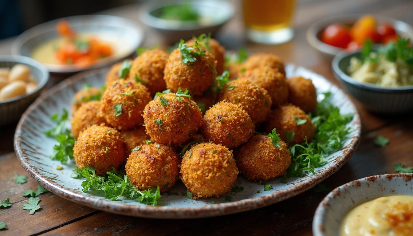 Crispy falafel balls plated with fresh parsley, surrounded by bowls of dips.