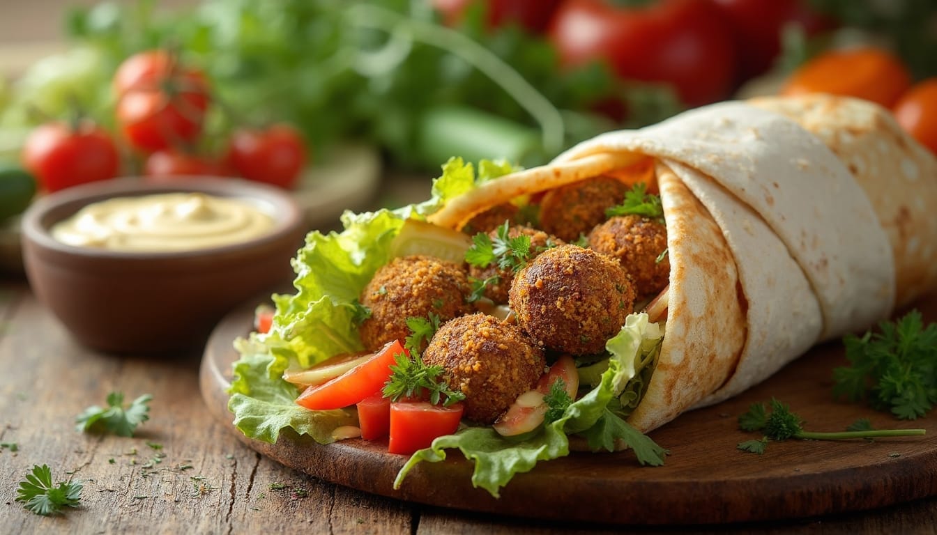 Healthy and vibrant falafel wrap on a wooden board, surrounded by fresh vegetables and dipping sauce.