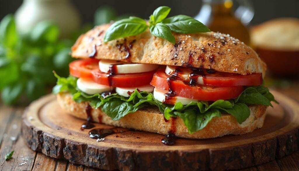 Artisanal Caprese sandwich with fresh ingredients and a drizzle of balsamic glaze.