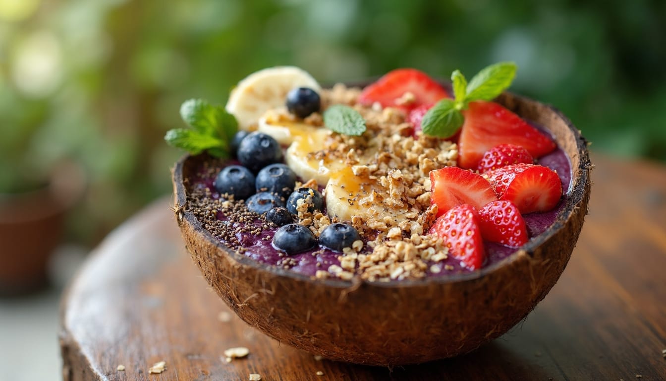 A vibrant acai bowl served in a coconut shell, topped with banana slices, strawberries, blueberries, granola, and mint leaves, placed on a wooden surface.