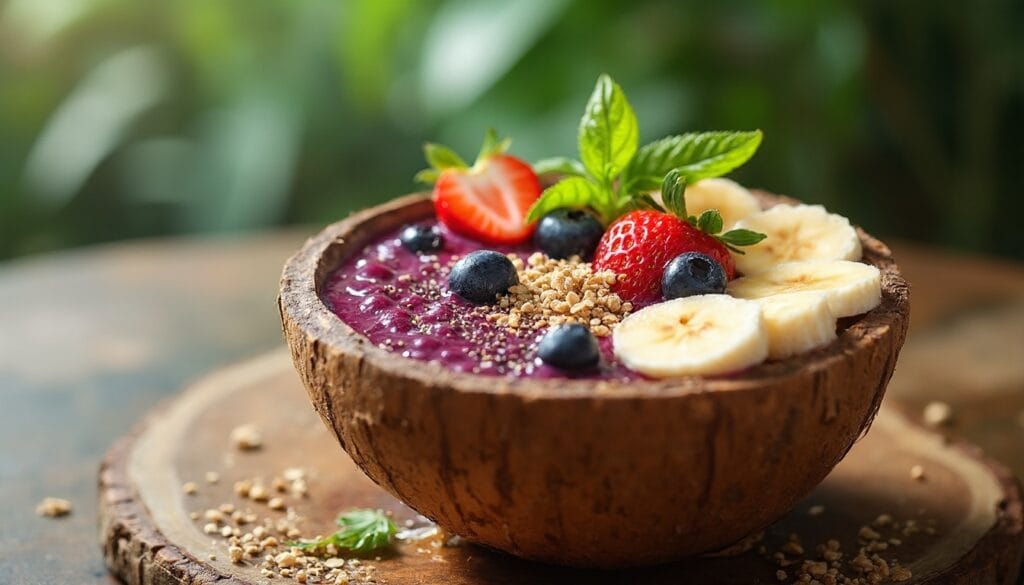 An acai bowl in a rustic coconut shell, garnished with fresh banana slices, strawberries, blueberries, granola, and a sprig of mint.