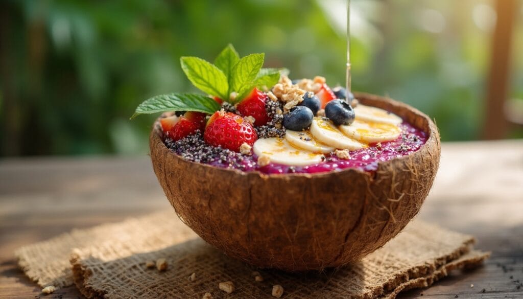A beautifully presented acai bowl in a coconut shell, topped with banana slices, strawberries, blueberries, chia seeds, and granola, with honey being drizzled on top.