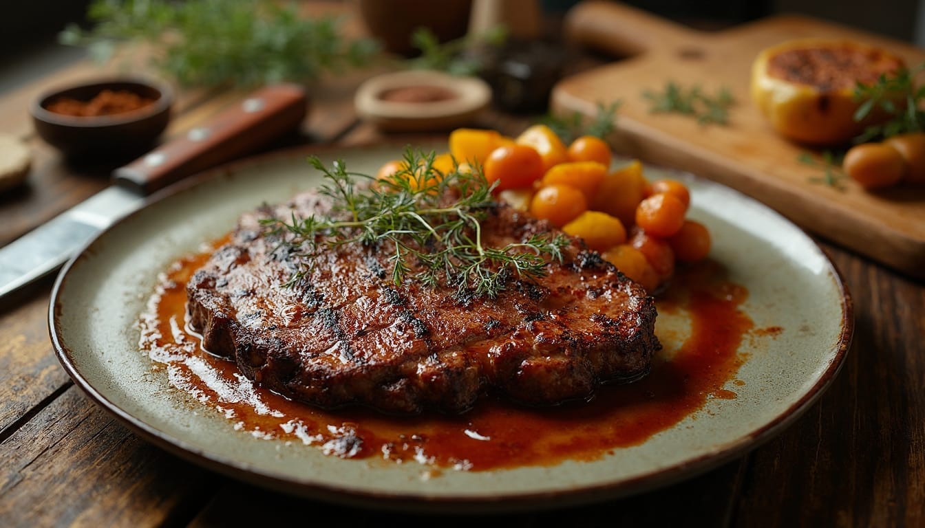 Cooked beef flap meat steak on a plate with roasted cherry tomatoes and sauce.