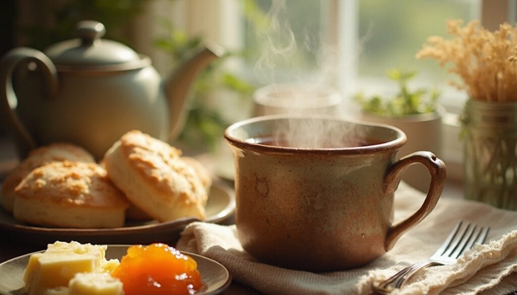 Steaming cup of Irish tea with scones and butter, set by a sunny window.