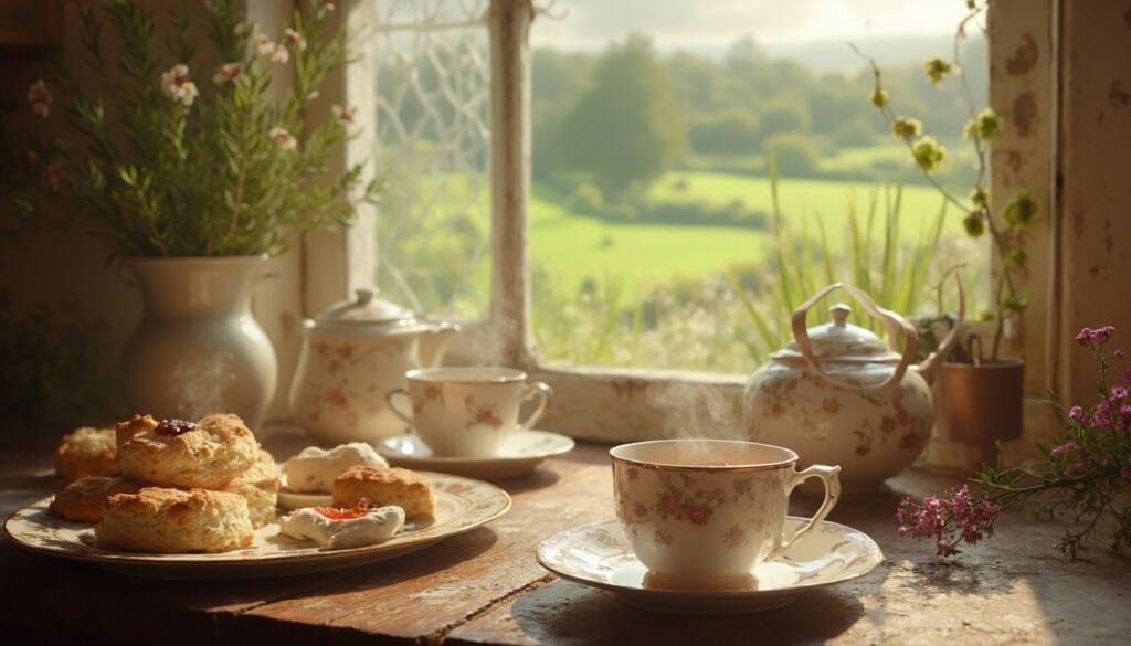 Traditional Irish tea with teacups, scones, and a lush green countryside view
