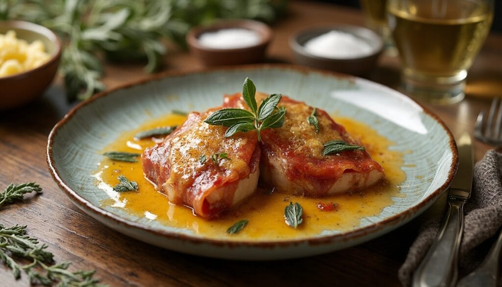Plate of saltimbocca wrapped in prosciutto, garnished with fresh sage, and served with green beans and potatoes.
