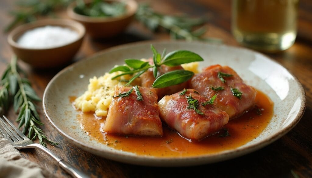 Savory saltimbocca pieces in a brown sauce, garnished with herbs and paired with creamy mashed potatoes.