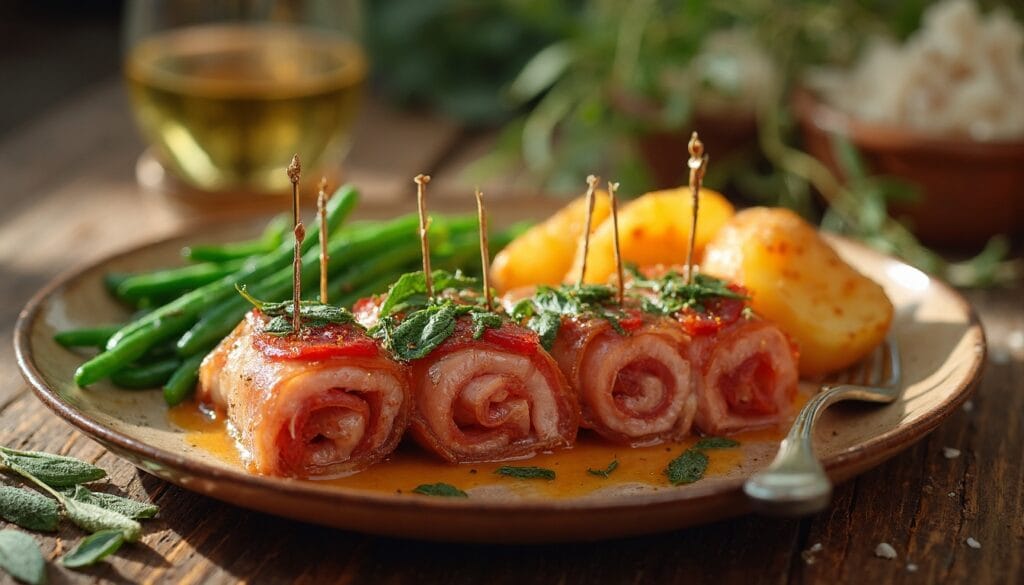 Delicious saltimbocca rolls with toothpicks holding prosciutto slices, served in a rich sauce with roasted potatoes and green beans.
